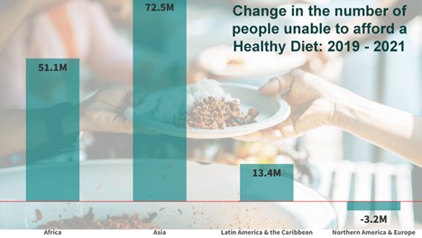 Did you know that since the onset of COVID-19, around 134 million more people cannot afford a healthy diet, with Africa and Asia the hardest hit? 

The global total now tops 3.1 billion. 

📘 Read more & explore the data: wrld.bg/z0H450Q76mF #SOFI2023 #FoodPricesforNutrition