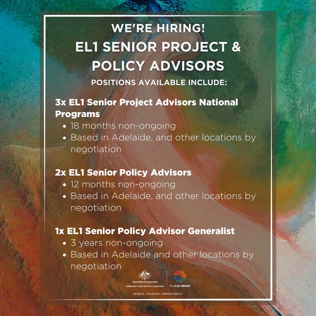 We're looking for multiple positions for the newly created National Programs Group. All roles are based on #KaurnaCountry:

👉🏿3x EL1 Senior Project Advisors National Program
👉🏾2x EL1 Senior Policy Advisors
👉🏽1x EL1 Senior Policy Advisor Generalist

🔗ow.ly/JSEY50Q7JWR