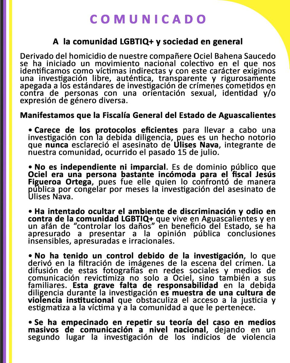 MarchaLGBTCDMX's tweet photo. Exigimos a la Fiscalía General de la República @FGRMexico que atraiga la investigación del homicidio de Ociel Baena y Dorian Daniel. 

#JusticiaParaOciel #JusticiaParaDorian #JusticiaParaUlises 
#NiUnxMas #NiUnxMenos https://t.co/YTyluhsXmO