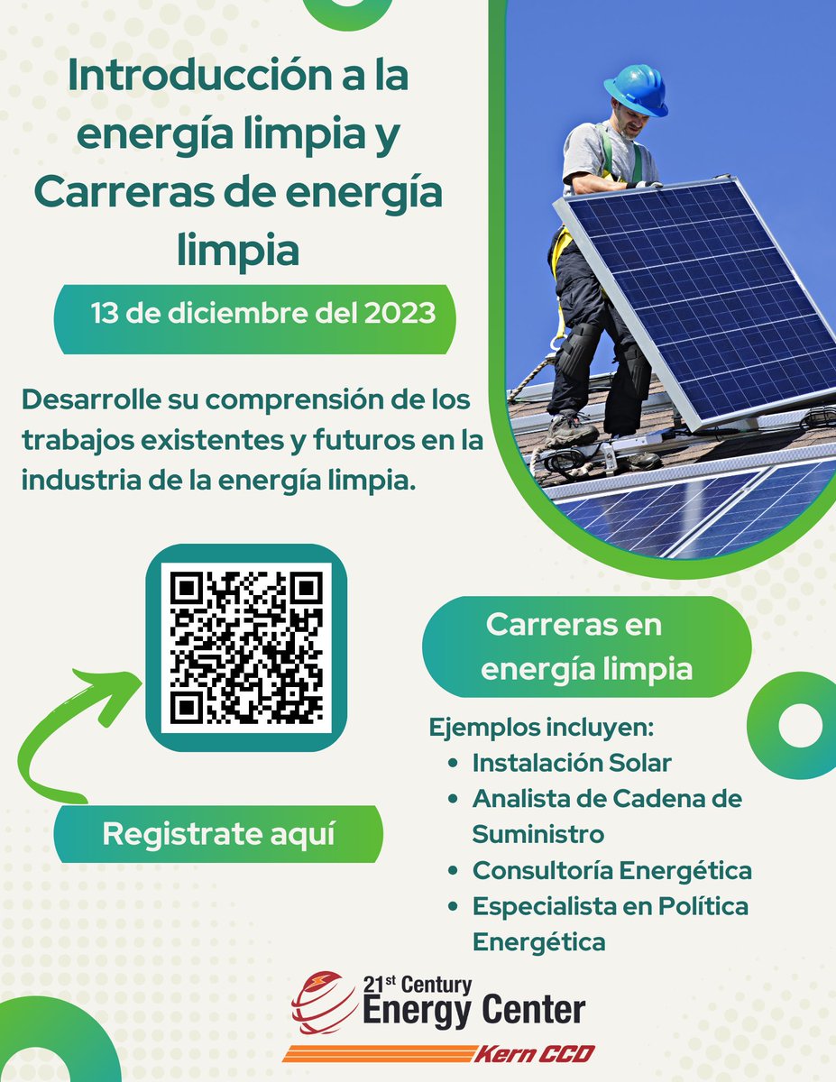Looking for a new cutting edge career? 🤔

Check out details below ⬇️ and let’s get you connected to your future in clean energy 🌎⚡️

Classes kicking off in December! 🗓️

<a href="/KernCCD/">Kern Community College District</a>