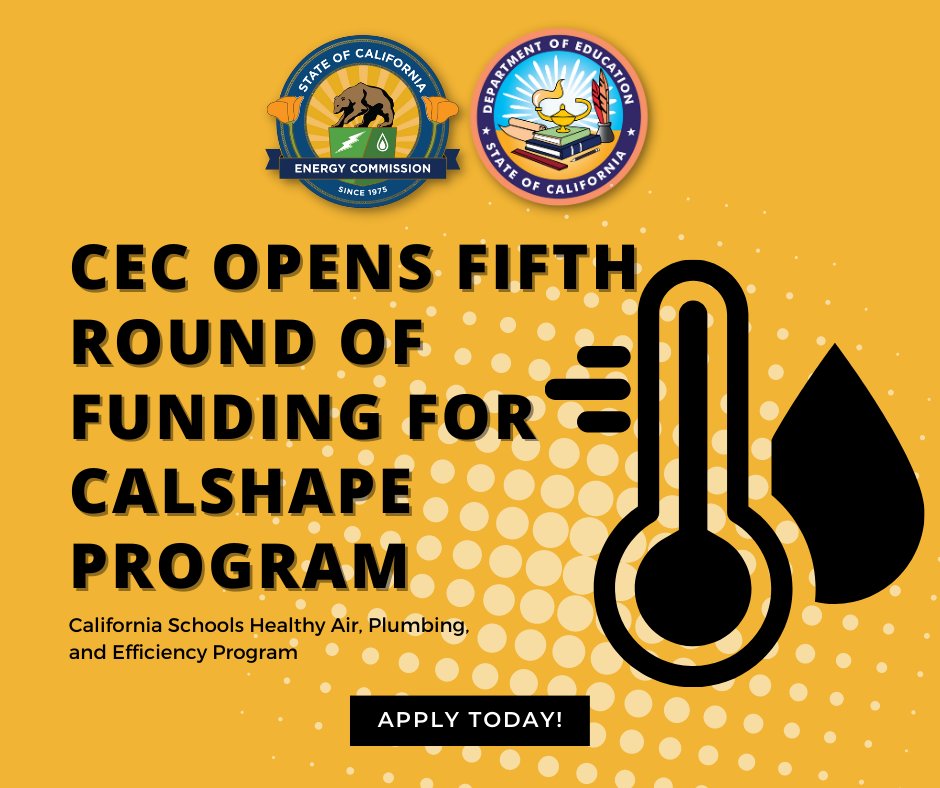 Additional rounds of funding for two grants under the California Schools Healthy Air, Plumbing, and Efficiency (CalSHAPE) Program are available by @CalEnergy. ☀️💧 The submission deadline for LEAs is 5 p.m. on May 31, 2024. Apply here: calshape.energy.ca.gov