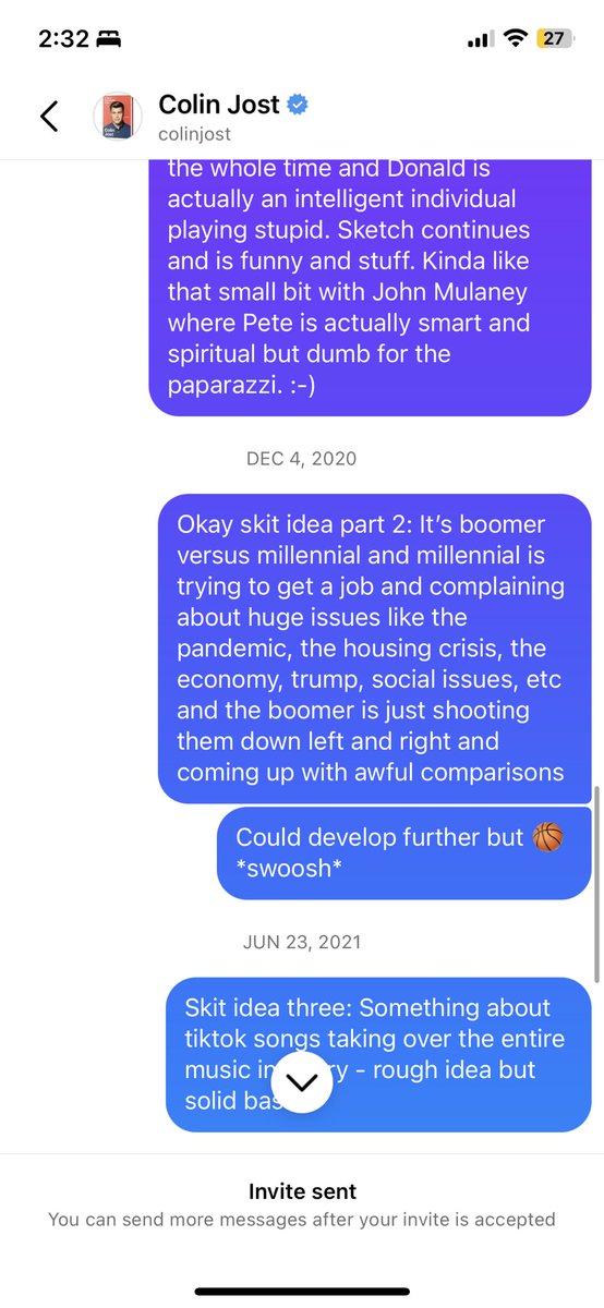 kristinavlondon's tweet photo. for three years i’ve been pitching my half baked SNL skit ideas to colin jost and today instagram said i can no longer message him 😔

🪦 rip to one of my favorite inside jokes with myself https://t.co/8oDOlU4RIG