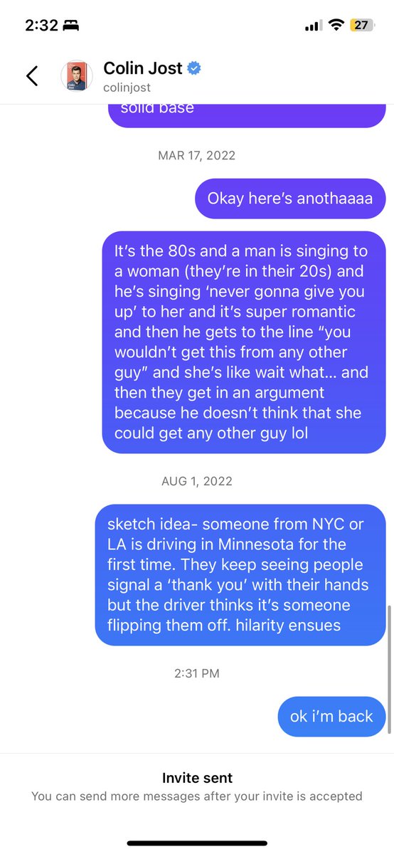 kristinavlondon's tweet photo. for three years i’ve been pitching my half baked SNL skit ideas to colin jost and today instagram said i can no longer message him 😔

🪦 rip to one of my favorite inside jokes with myself https://t.co/8oDOlU4RIG