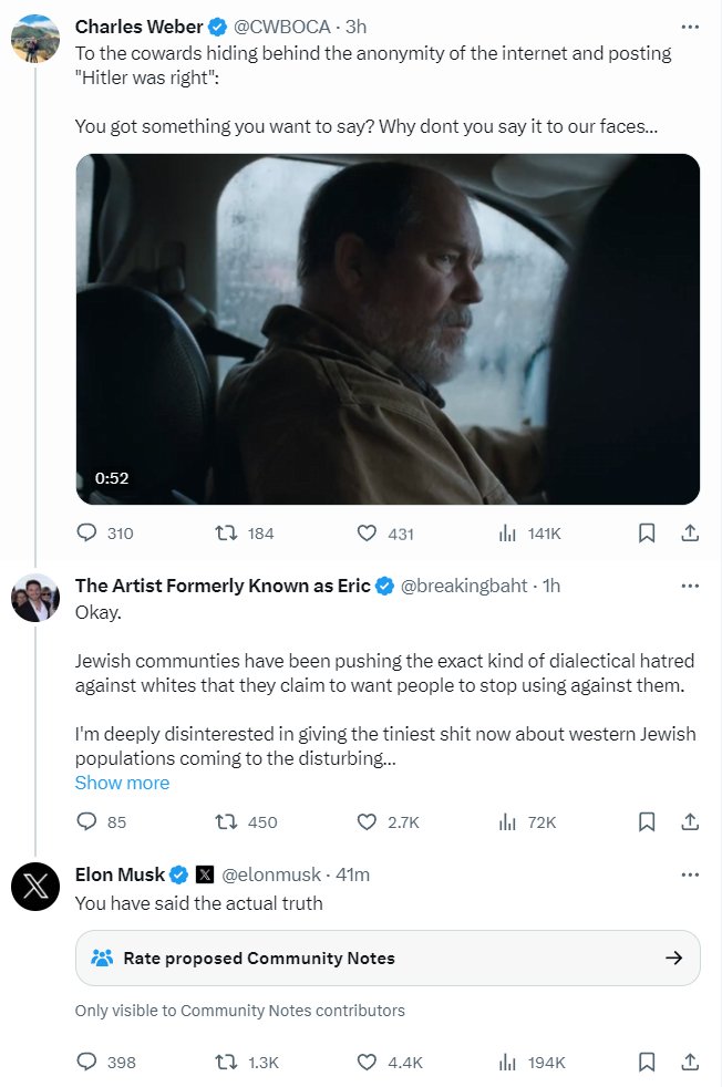quantian1's tweet photo. I had to check this was real, but Elon is actually replying approvingly to a guy arguing "Hitler was right" because Jews are pushing "hatred against whites". https://t.co/jkbr6bNDeG