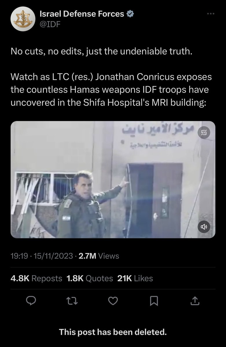 🚨🇮🇱 #BREAKING: The IDF have deleted their tour of the Al Shifa hospital in Gaza.