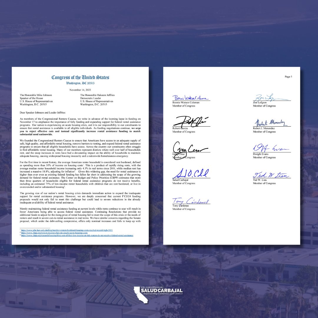 🏘️As a member of the #RentersCaucus, I'm urging House Leadership to fully fund and expand federal rental assistance programs. 

Every Central Coast resident deserves access to housing they can afford, and Congress can and should help achieve that goal!