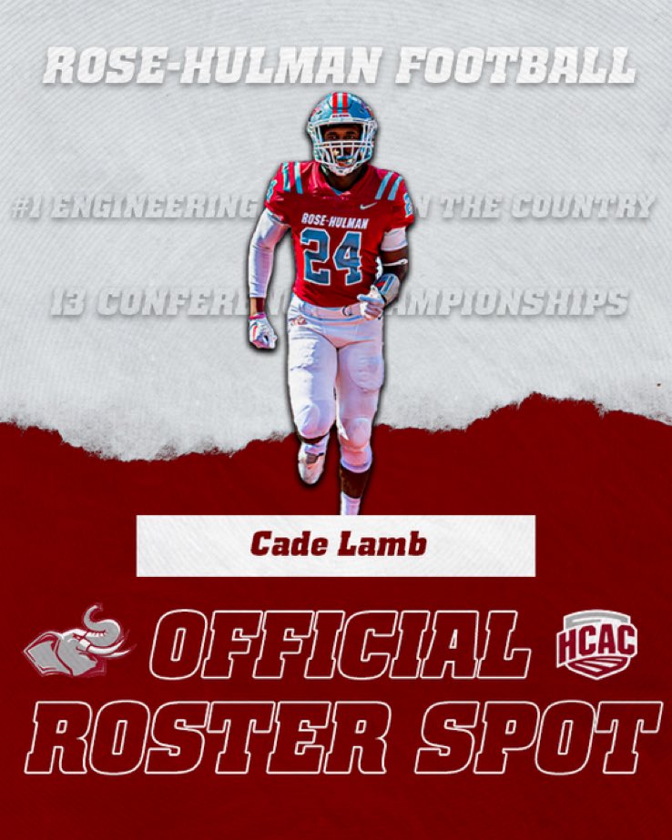 Cade Lamb (@lamb_cade) on Twitter photo Excited to have a roster spot at <a href="/RoseHulmanFB/">Rose-Hulman Football</a> #AGTG <a href="/CoachJJohnson71/">Jeremy Johnson</a> <a href="/CoachYoung_7/">Andrew Young</a> <a href="/coachpena1/">Earnest Peña M.S. Ed</a> <a href="/CHS_Roughnecks/">Roughneck Football</a> <a href="/CoachSokolRHIT/">Jeff Sokol</a> <a href="/Coach_Stanton1/">Jeffrey Stanton</a> Excited to have a roster spot at <a href="/RoseHulmanFB/">Rose-Hulman Football</a> #AGTG <a href="/CoachJJohnson71/">Jeremy Johnson</a> <a href="/CoachYoung_7/">Andrew Young</a> <a href="/coachpena1/">Earnest Peña M.S. Ed</a> <a href="/CHS_Roughnecks/">Roughneck Football</a> <a href="/CoachSokolRHIT/">Jeff Sokol</a> <a href="/Coach_Stanton1/">Jeffrey Stanton</a>