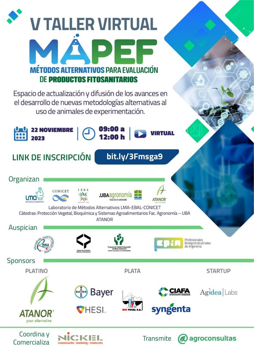 Este 22 de noviembre los invitamos a participar del V Taller Virtual MAPEF (Métodos Alternativos para la Evaluación de Productos  Fitosanitarios). 

Un espacio de actualización sobre metodologías alternativas a la experimentación animal. 

Inscripciones en bit.ly/3Fmsga9