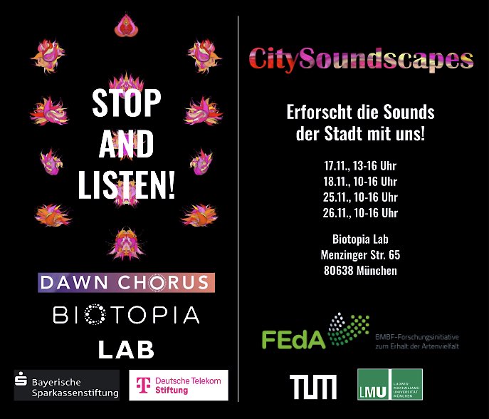 Stop, listen, reflect and share. Join our #CitySoundscapes team for the next 2 weekends @BiotopiaLab to experience and explore the soundscapes of our city. 🙌🐦‍⬛😌🌳🏙️📢📣🎧🎙️🙈🙉 Proudly supported by @FEdA_Biodiv @BMBF_Bund @TU_Muenchen @LMU_Muenchen