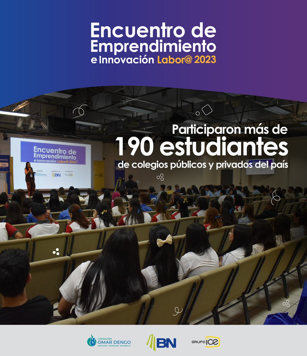 Fundación Omar Dengo (@funda_omardengo) on Twitter photo El Encuentro de Emprendimiento e Innovación Labor@ 2023 fortaleció habilidades emprendedoras y financieras de más de 190 estudiantes de colegios públicos y privados del país 
<a href="/banconacionalcr/">Banco Nacional</a> <a href="/GrupoICEcr/">Grupo ICE</a> El Encuentro de Emprendimiento e Innovación Labor@ 2023 fortaleció habilidades emprendedoras y financieras de más de 190 estudiantes de colegios públicos y privados del país 
<a href="/banconacionalcr/">Banco Nacional</a> <a href="/GrupoICEcr/">Grupo ICE</a>