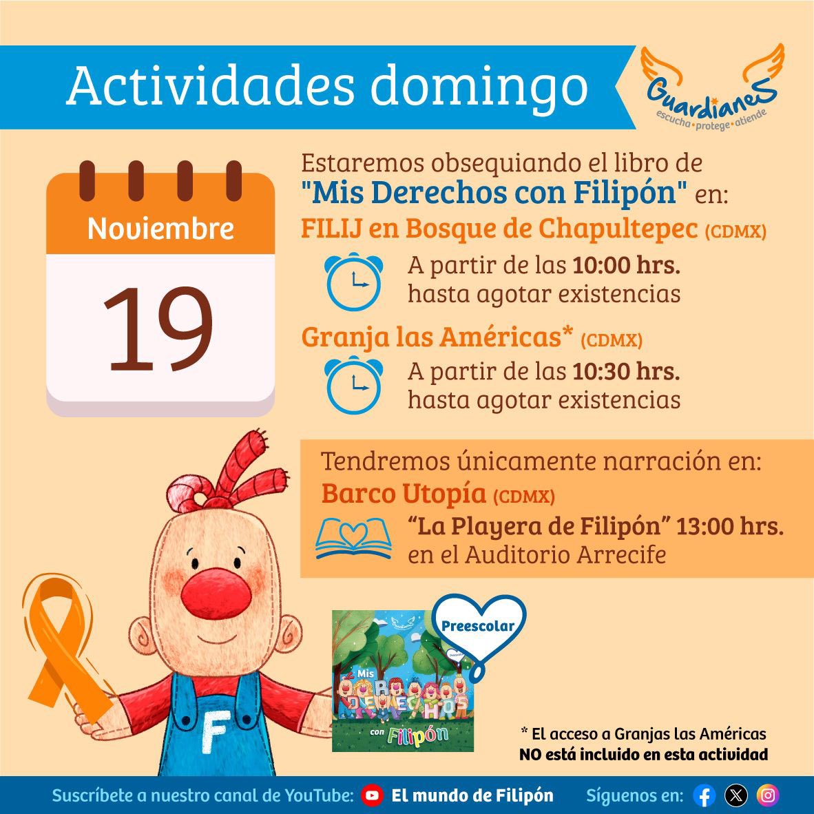 Capital 21 y @GuardianesMx te invitamos a celebrar los derechos de las niñas y los niños 👧🏽👦🏽 durante este mes de Noviembre. 

Sigue todas las actividades y disfruta del libro MIS DERECHOS CON FILIPÓN. 

🗓️ Domingo 19 noviembre

#todasytodossomosGuardianes

*Libro para peques de