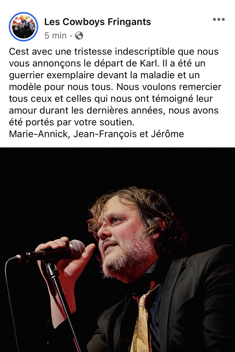 EricMorasse's tweet photo. Merci Karl de nous avoir fait vibrer, rasssembler, chanter et être fiers de notre patrie et de nos tourments. Repose en paix. Ce soir, "J'ai l'Amérique qui pleure, quek' part au fond du coeur". @LesCFringants https://t.co/YvtltRYuvg