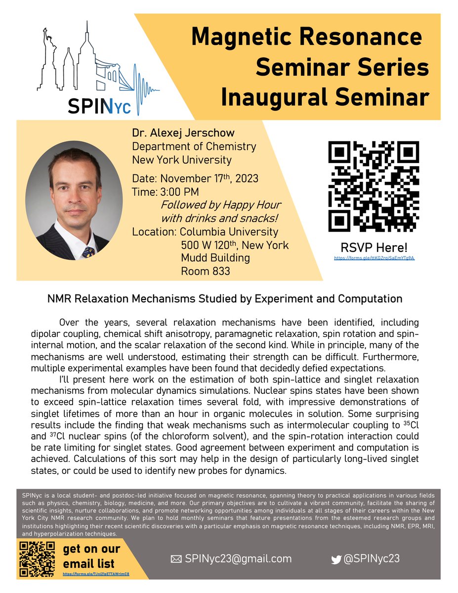 We accidentally deleted our previous tweet🤦, but our first seminar with <a href="/ajerschow/">Alexej Jerschow</a> is still on for this Friday! You can still RSVP for the seminar. There will be food and drinks after! #NMRchat
RSVP: forms.gle/dcYzzDc6veJhuW…
Email List: forms.gle/Z5NxeN57S2YBVR…