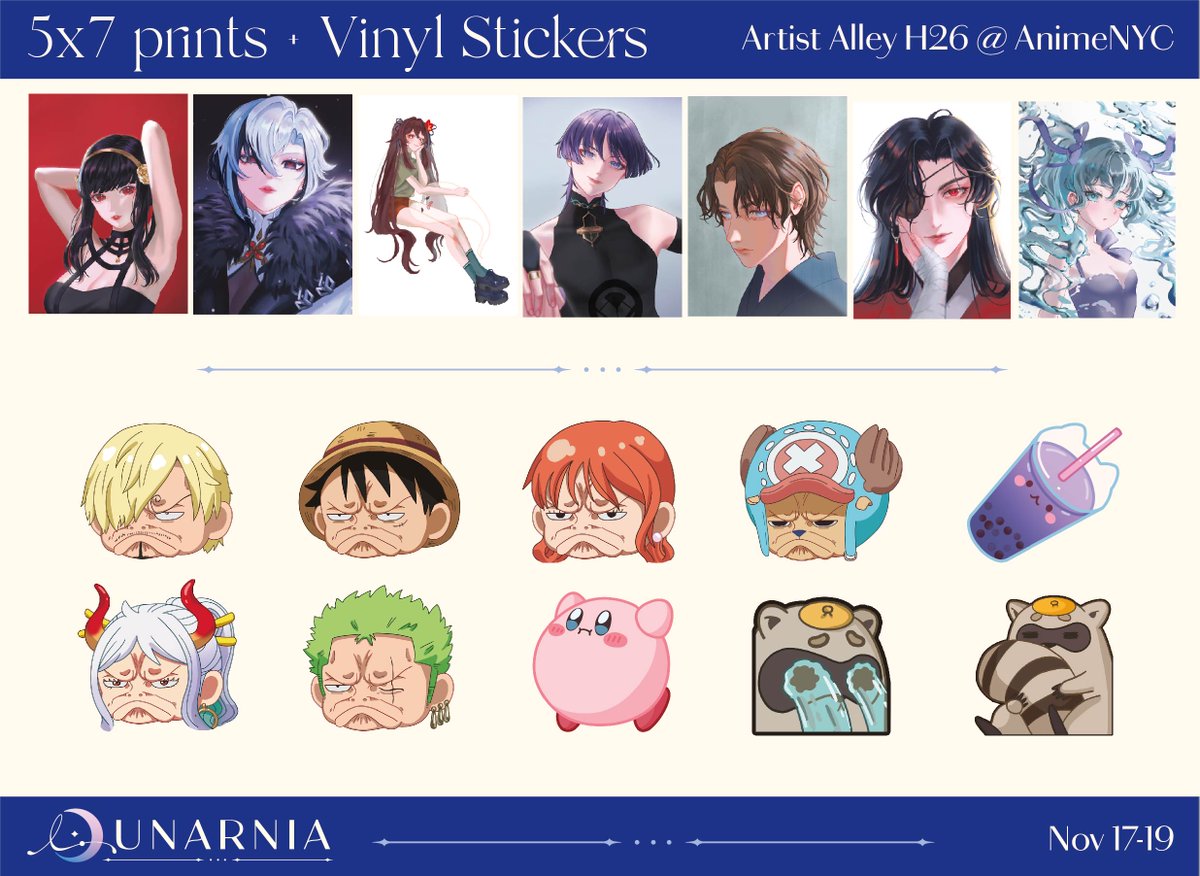 lunarnia_'s tweet photo. I realized how inconvenient the way I posted my catalog for AnimeNYC was so here it is again all in one post 😳 

Remember to stop by H26 📷

#ANYC #AnimeNYC #anyc2023 https://t.co/8XVLX2j5fY
