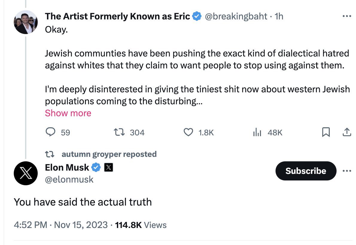 Elon Musk pushing unvarnished anti semitism at a time of rising antisemitism and violence against Jews