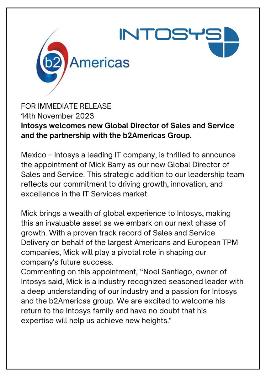 IntosysLATAM's tweet image. Dear Customer, As a part of our growth and strengthening around the Globe, we are very excited to announce the alliance between b2Americas &amp;amp; Intosys; please find attached the formal communication.For further information, please contact me:noel.santiago@intosys.com.mx