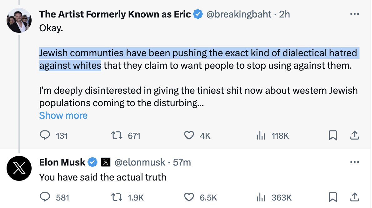 Here's the richest man in the world, saying that Jews have been 'pushing hatred against whites.' Musk is endorsing the 'great replacement' conspiracy theory that motivated the Tree of Life shooter, murdering 11 of our people. This is fucking dangerous.