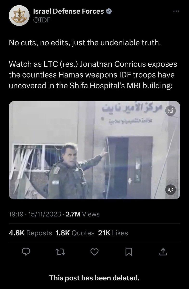 ShaykhSulaiman's tweet photo. IDF DELETED THEIR POST WHERE THEY CLAIMED THEY HAD “COMPELLING EVIDENCE” OF “HAMAS HQ” AT AL-SHIFA HOSPITAL

NO HQ
NO Tunnels
No Hostages

They are becoming a laughing stock.

Does this propaganda actually work on anyone? https://t.co/GagjH7xo7v