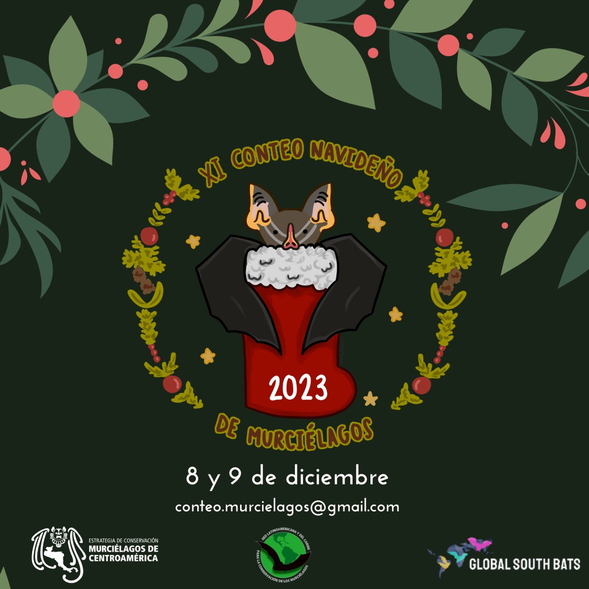📆 Los días 8 y 9 de diciembre se llevará a cabo el XI Conteo Navideño de Murciélagos.
🦇 Estaremos trabajando para conocer las especies de murciélagos presentes en cada región y difundiendo su importancia en los ecosistemas. 
¡No te lo pierdas!