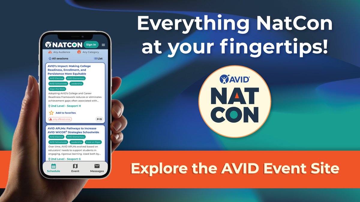 Headed to #AVIDNatCon? Filter and choose your preferred concurrent sessions and create your personalized schedule with the mobile-friendly AVID Event Site. Explore now: bit.ly/470NYg6