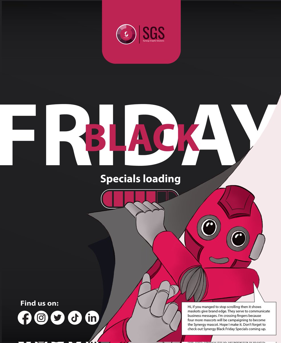 OrgSynergy's tweet image. This will definitely be our first Black Friday Discounts to be held, coming soon. 

Mascot on insert is the first of 5 five options. We are trying out 5 because mascots we feel a mascot is a big commitment. 

#BlackFriday Specials coming up soon
#SynergyGraphicSolutions