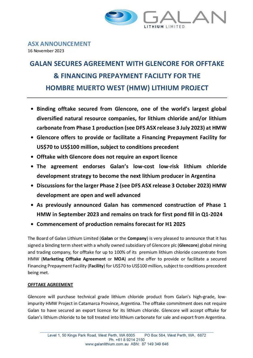 GalanLithium's tweet photo. $GLN is pleased to announce that it has signed a binding term sheet with @Glencore plc global mining and trading company, for offtake for up to 100% of its premium #lithium chloride concentrate from HMW 

Read more: https://t.co/hbWiUS3EtJ https://t.co/VRmTwhQhJd