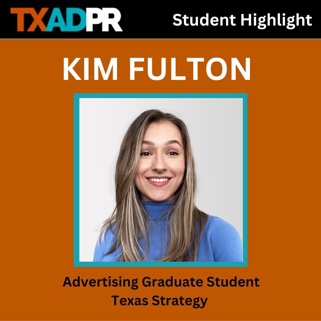 Student Highlight: Meet Kim Fulton!! Check out the article to learn a little bit more about Kim and her experience in the Graduate Advertising program at UT! 🙌🤘#TXADPR buff.ly/47zyBvc