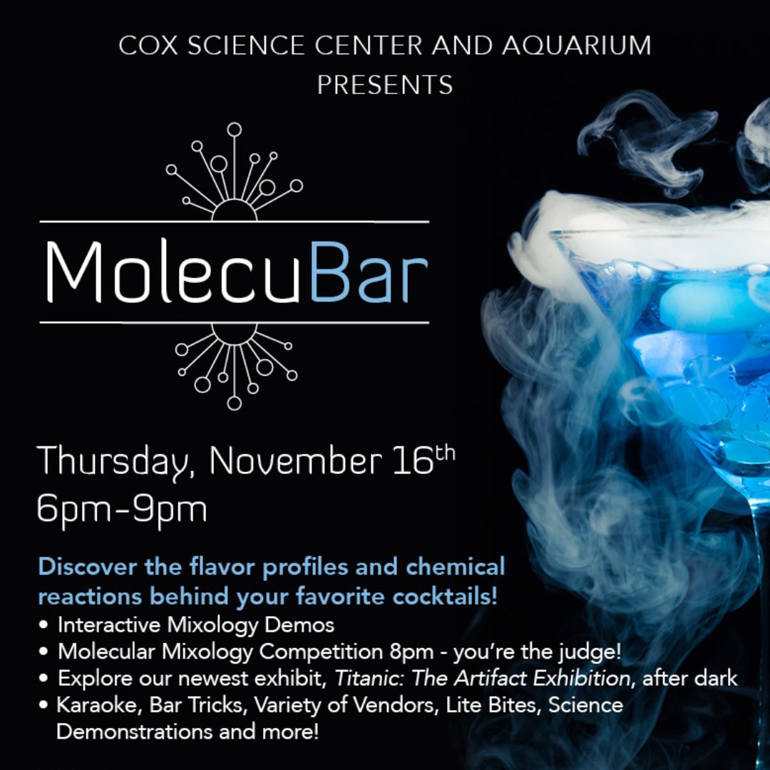 MolecuBar is TOMORROW! 🥂 Molecular mixologists are invited to explore the Science Center after hours and discover the chemical reactions behind your favorite cocktails 🍹 🧬
This event is 21+ only. Purchase your pre-sale tickets today at: coxsciencecenter.org/molecubar