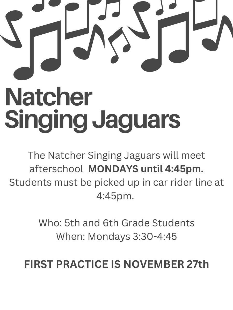 NATCHERMUSIC's tweet photo. Choir is starting! Can't wait to see my 5th and 6th grade students in the Singing Jaguars!! 🎶 https://t.co/8vIlCiuJqc