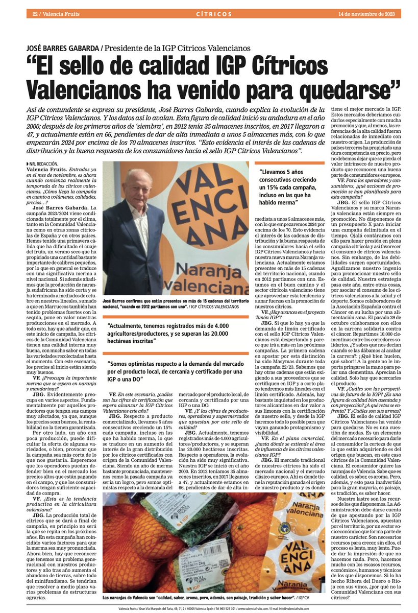 "La IGP no es una cuestión de modas. Es un elemento del mercado necesario para darle al consumidor la certeza de que lo que están adquiriendo es del origen que buscan" 
<a href="/valenciafruits/">Valencia Fruits</a>
<a href="/ava_asaja/">Associació Valenciana d'Agricultors</a>
<a href="/UnioLlauradora/">La Unió Llauradora i Ramadera</a>
<a href="/ComiteCitricos/">Comité de Gestión de Cítricos 🍊</a>
<a href="/ASAJAALICANTE/">ASAJA ALICANTE</a>
<a href="/CoopsAgroCV/">Cooperatives Agro-alimentàries CV</a>
<a href="/GVAagricultura/">GVA Agricultura, Agua, Ganadería y Pesca</a>