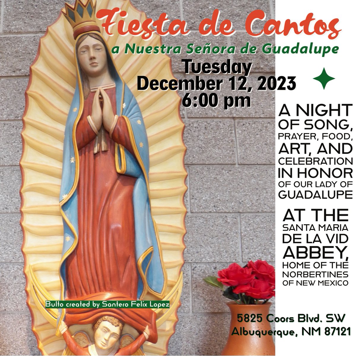 NorbertineAbbey's tweet photo. Join us for our 2nd annual Fiesta de Cantos in honor of Our Lady of Guadalupe! Musicians are invited to bring their instruments. This is a free event we hope to see you on the Feast of Our Lady of Guadalupe! #ourladyofguadalupe #feastofsongs https://t.co/gaDWzQvTFW