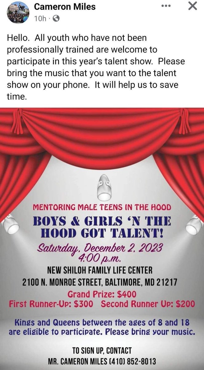 If you know male or female youth between 8 and 18 who have not been professionally trained, have them sign up to show their talent.  First prize is $400.