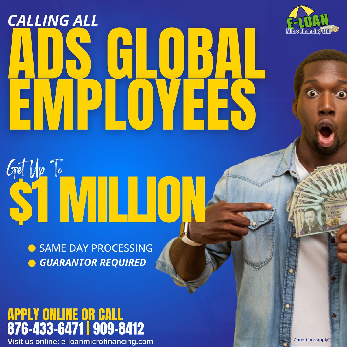 Attention all employees of #ADSGLOBAL! Elevate your quality of life with a #SalaryDeductionLoan from E-Loan MF Limited. Our pre-approved loans provide up to $1 million in financing. Visit our website at e-loanmicrofinancing.com to learn more.

#eloan876 #eloanmflimited