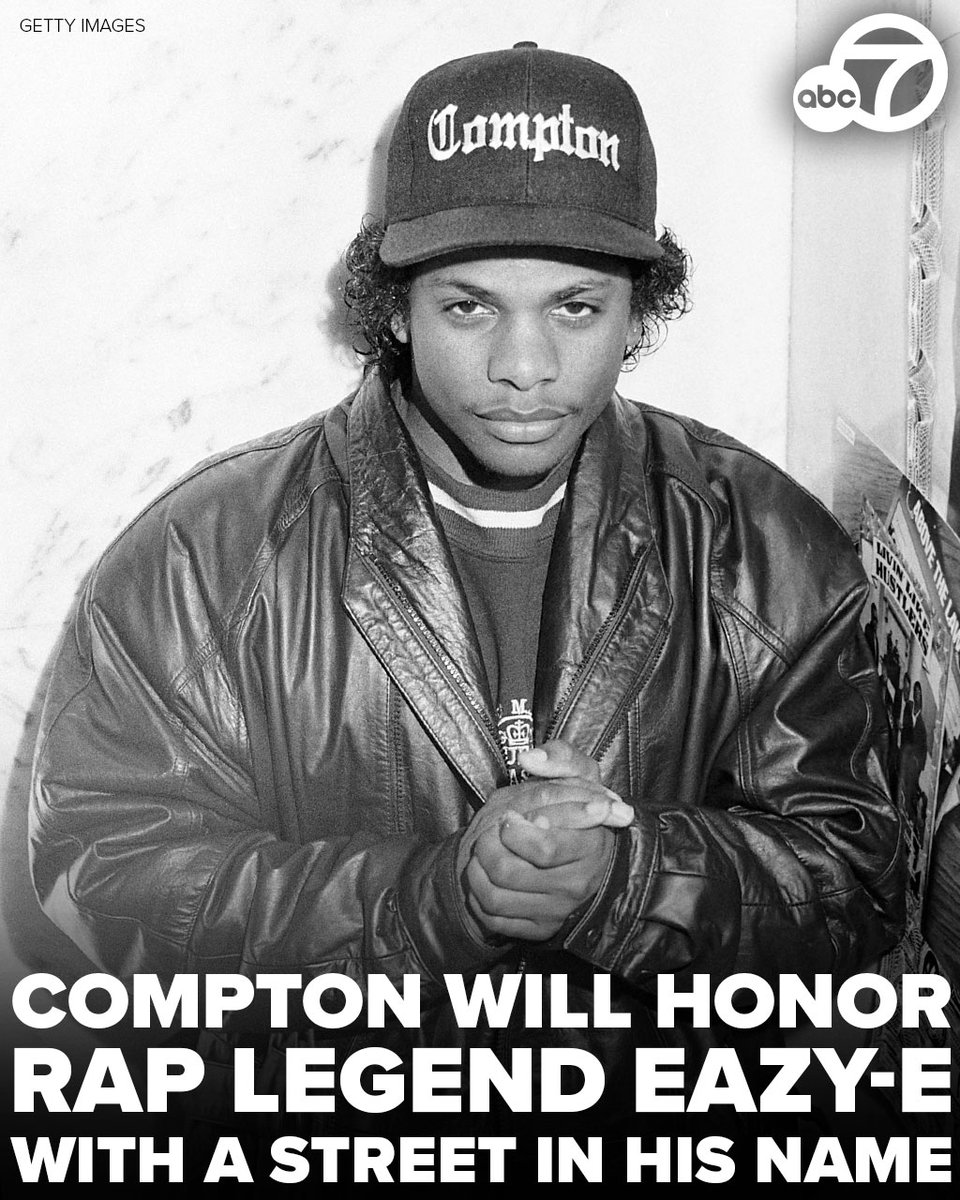 ABC7's tweet photo. The city of Compton will honor their hometown hero, rapper Eazy-E, with a street in his name. 😎

The 100 block of Auto Drive South, which runs off Alameda Street and into the Gateway Towne Center shopping plaza, will be renamed to Eazy Street. https://t.co/V5K4eoT327 https://t.co/vQdLIsaz95