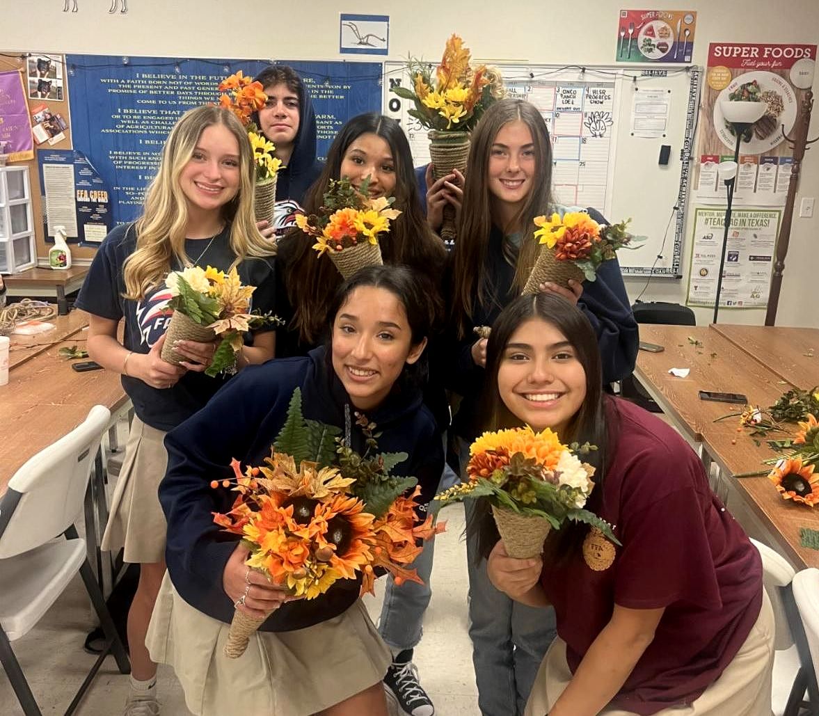 Students in Floral Design made a Cornucopia arrangement for Thanksgiving! Each student made their own cornucopia &amp; then got to choose which flowers &amp; greenery to use for their arrangement. They took their beautiful creations home to place on their Thanksgiving tables.