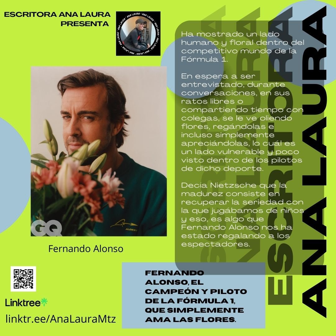 ¿Sabías qué al campeón y piloto de F1 #FernandoAlonso le apasionan las flores?  ¿Te imaginabas que tuviera dicha fascinación? 

#AnaLauraLibros #EscritoraAnaLaura #AnaLauraMtz #Fórmula1 #Flores #RevistaGQ #LasVegasGP #Temporada2023 #F12023