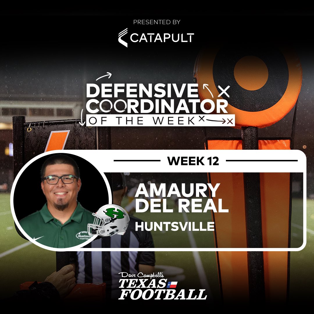 Congrats to Huntsville High School’s Coach Amaury Del real for being named our Week 12 Defensive Coordinator of the week presented by <a href="/catapultsports/">Catapult</a>! <a href="/HuntsvilleHS/">Huntsville HS</a> <a href="/_HuntsvilleFB_/">Huntsville Hornet Football</a> 

texasfootball.com/coordinators-o…?
#dctf #txhsfb