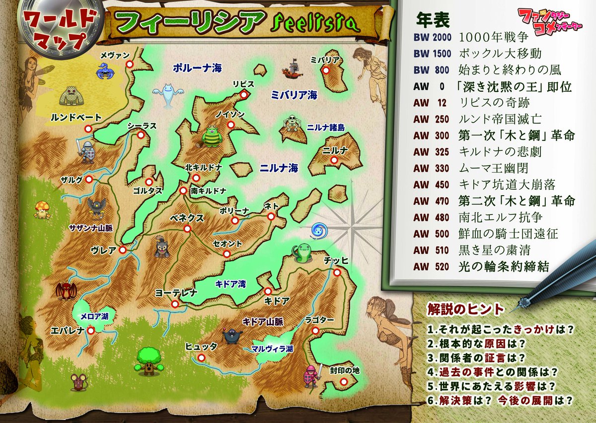 Olerant_game's tweet photo. 【ゲムマ新作/ファンタジーコメンテーターDX】

①プレイヤーはファンタジー世界の住人です。

②サイコロでニュースを決めます。

③地図や年表、フリップを使って解説し「世界を創造」しましょう。

まったく設定のない世界が、みんなの発想で彩られていく大喜利ゲーム���す！
#ゲムマ2023秋 https://t.co/5mLehU5f1l