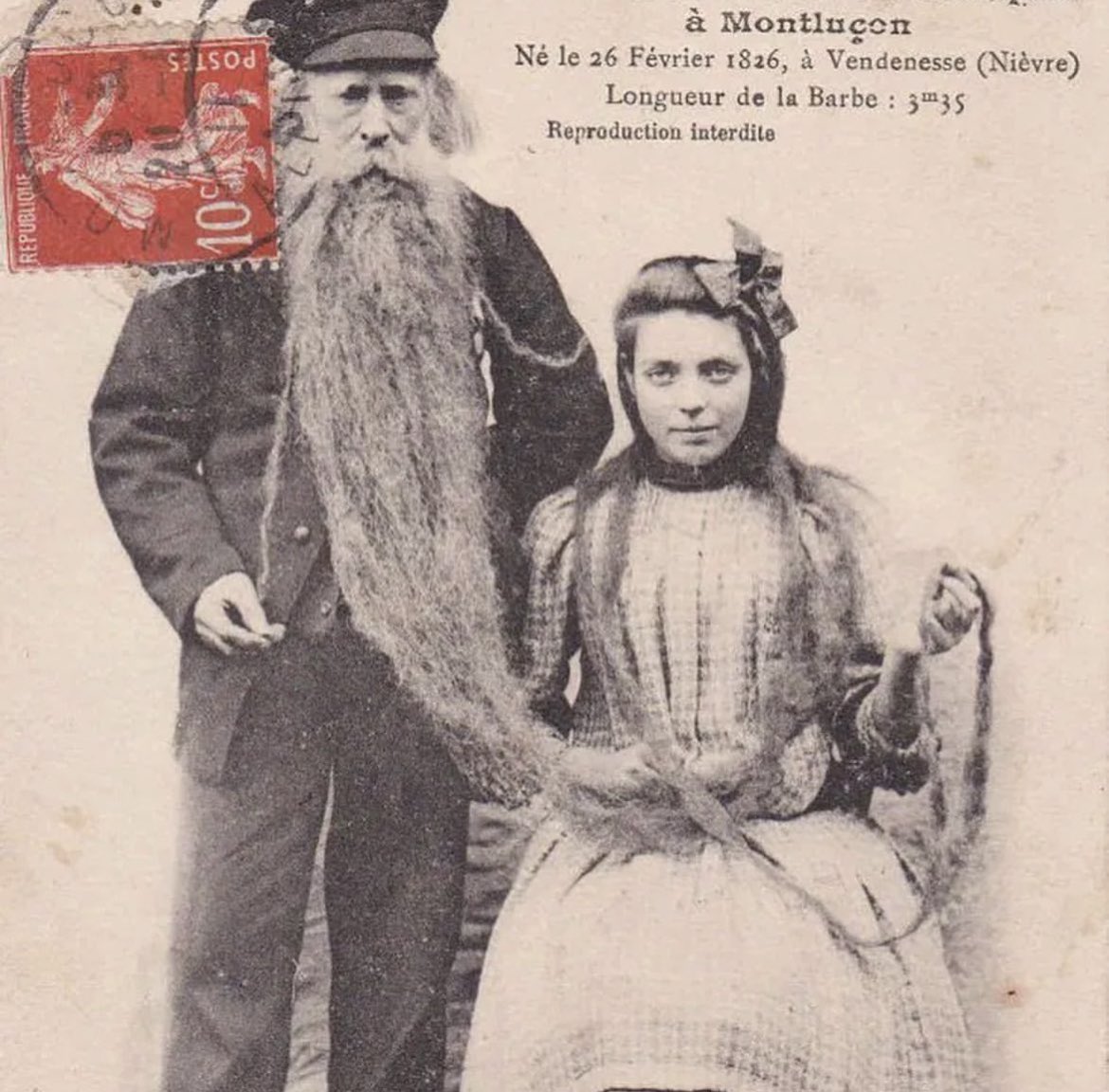 Louis Coulon in 1904, was a man known for his 13 foot long beard which he occasionally used to hold his cats in. Born on February 26, 1826, in France, Louis Coulon was a "cast iron moulder" at the Forey factory in Montluçon, where he worked for 67 years.

Evidently, he started