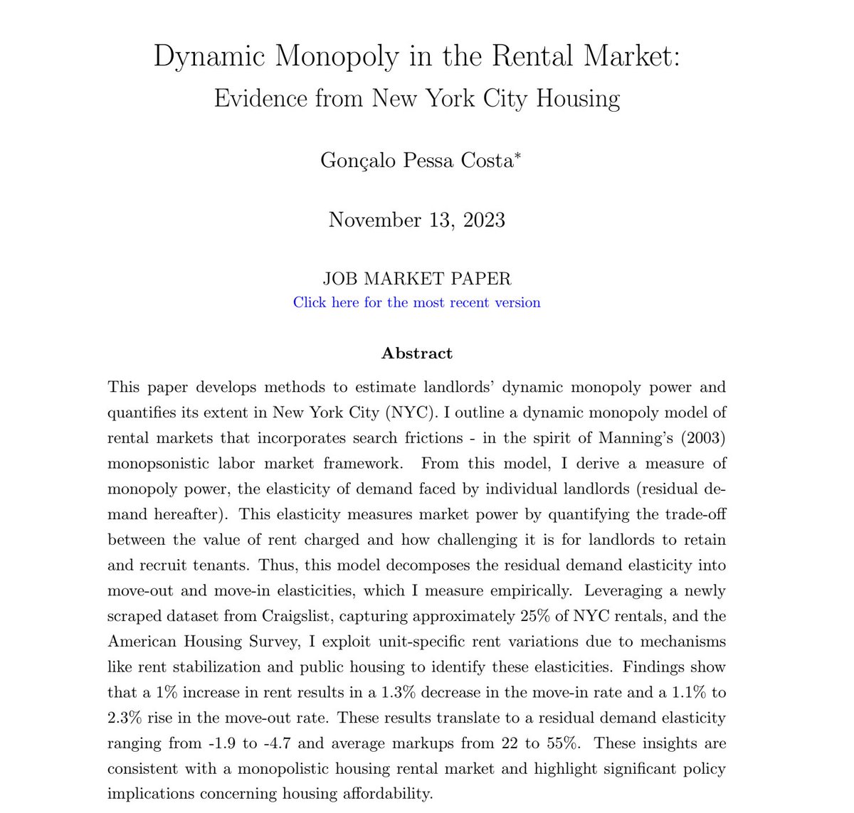 My Job Market Paper Insights 1️⃣ The harder it is to move for a tenant (search is costly) ➡️The more a landlord can hike rents 2️⃣ Rents and moving rates give us a measure of landlord’s mkt power 3️⃣ NYC landlords set rents 22-55% over costs shorturl.at/kzU08 #EconTwitter 1/9