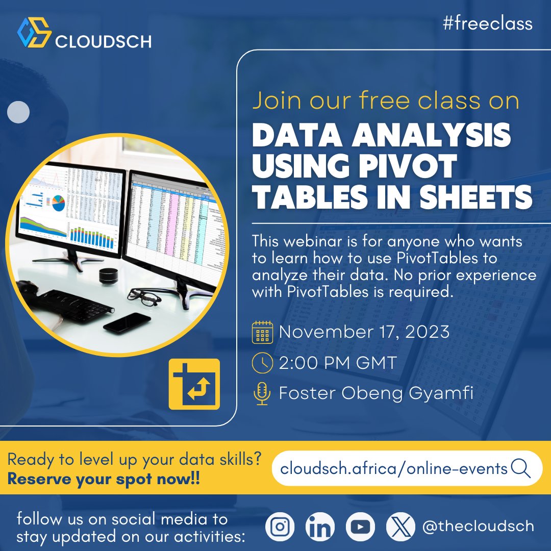 thecloudsch's tweet photo. Let's make your Friday productive!
Our 'Data Analysis using Pivot Tables' class is coming up, and it's going to be epic! Dive deep into data insights and emerge a master analyst. 
Don't miss out!
Sign up: https://t.co/7gQWMIazue

Ghana Ken Ofori #2024Budget #GHBudget Ampem Darkoa https://t.co/SvtMO845jU