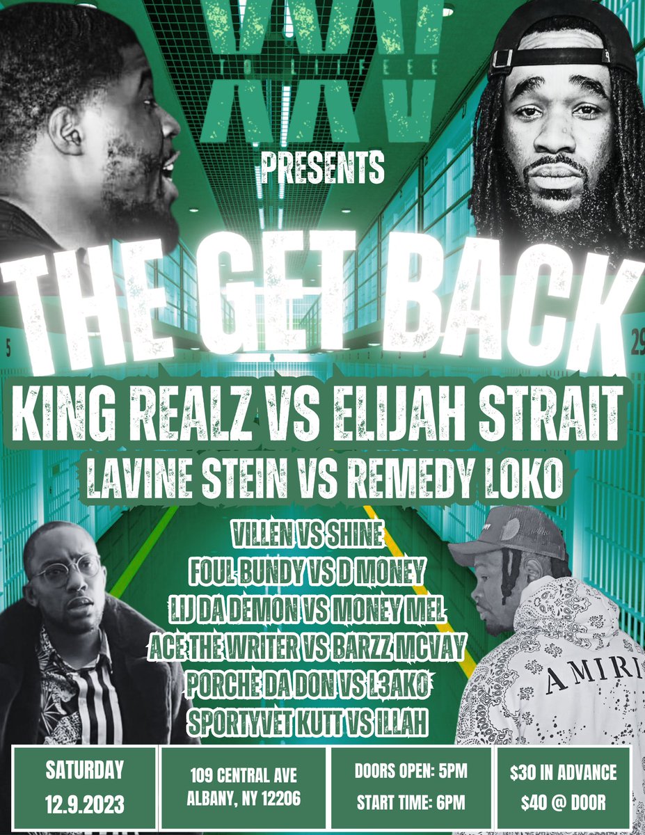 25ToLiifeee's tweet photo. 25 To Liifeee Battle League presents, "THE GET BACK"
FULL CARD OUT NOW‼️‼️
Saturday, December 9th in Albany, NY
Tickets available soon‼️
Y'ALL DON'T WANNA MISS THIS‼️‼️
#25ToLiifeeeBattleLeague
#TheGetBack
#LIIFEEE
#BattleRap
#51GR8
#HipHop
#Culture
#MORELIIFEEE https://t.co/toGg2JNoMm
