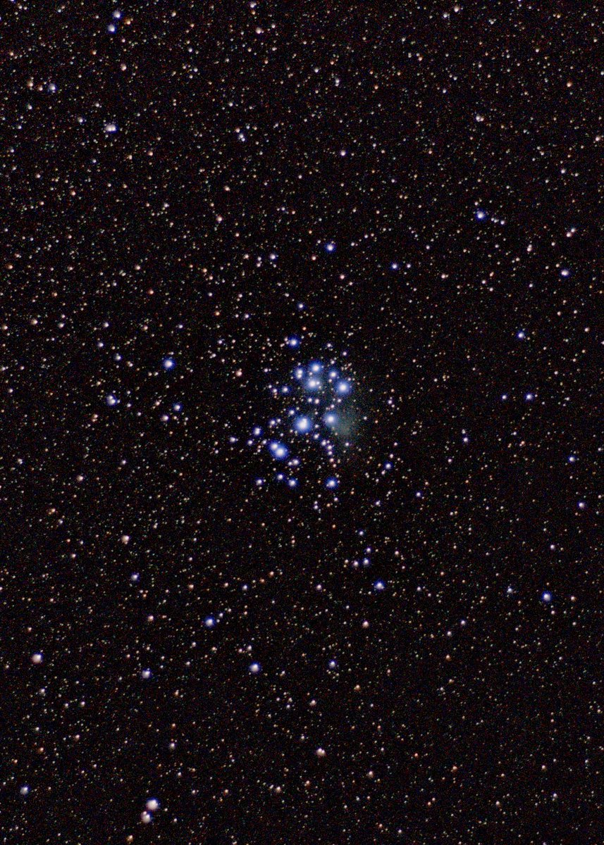bherbertson's tweet photo. My second ever attempt at stacking photos for astrophotography. This is 64 x 6 second exposures of the Pleiades. You can even start to see a bit of the nebula coming through. All in all I’m quite pleased with how this one turned out! Clear skies. https://t.co/qGzWgROI3l