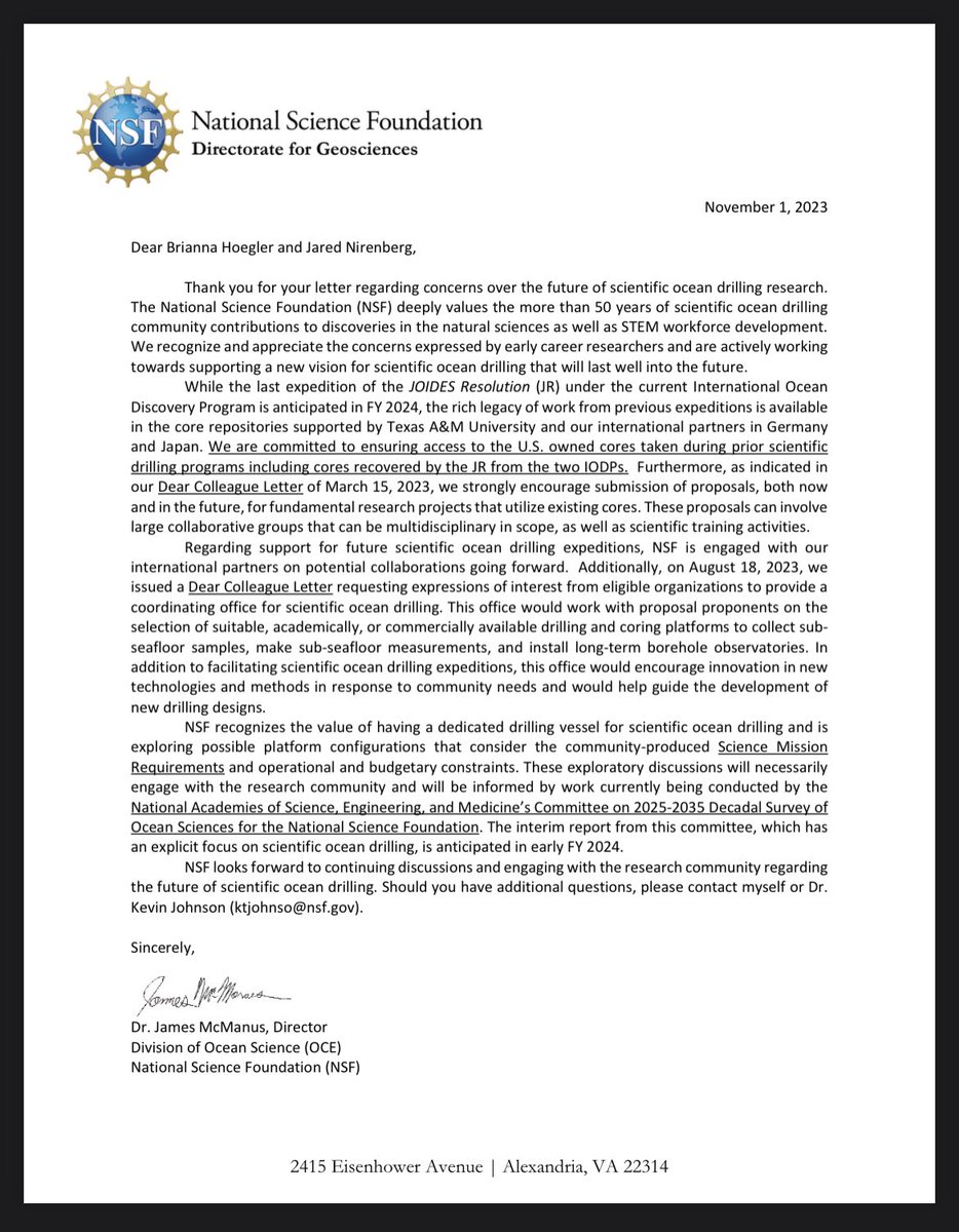 An update for those who signed our letter to @NSF asking them to support the scientific ocean drilling community in the U.S.: Director McManus sent us a reply, detailing much of the same we’ve been hearing— the future of our field remains uncertain.