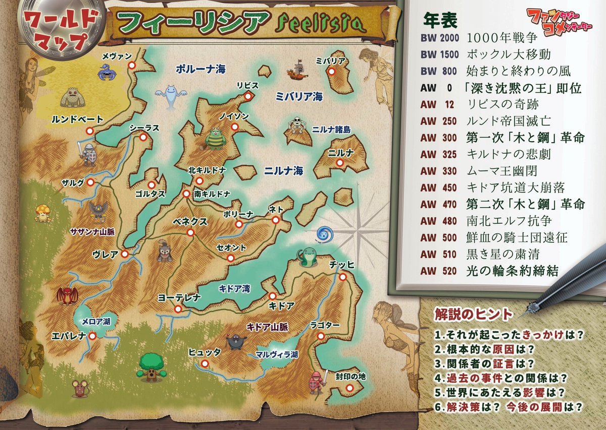 地図がCMYKで、変な感じのRGBに変換されてしまっていたので地図だけ再掲です。

地形、地名、年表の内容めすべてオリジナルでまったく設定は考えてません。

参加するプレイヤーが自由に創造できる世界です。