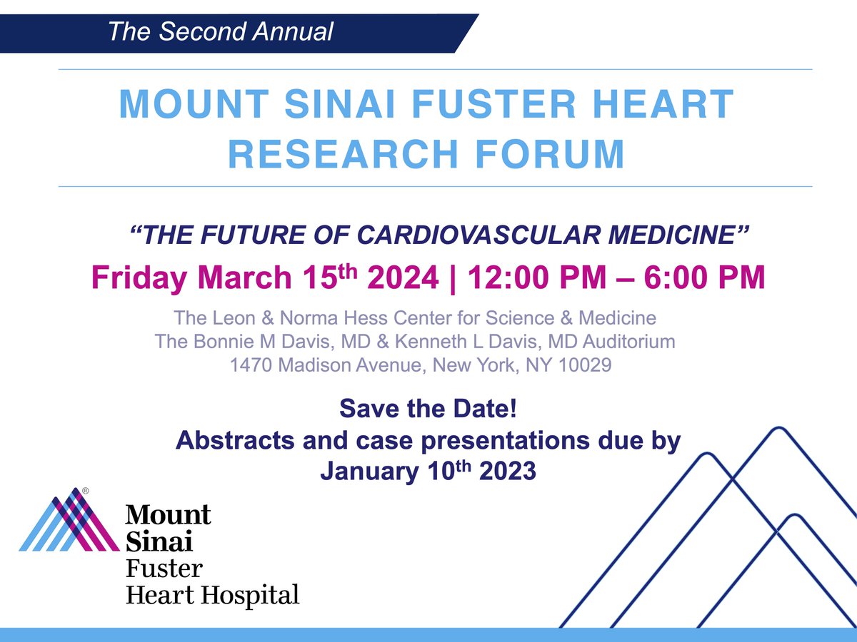 Mark your calendars! Join us on Friday, March 15, for the Mount Sinai Fuster Heart Research Forum hosted by @MountSinaiHeart. It's a day dedicated to cardiology, clinical research, basic research, and translational research. Don't miss out on this insightful event.