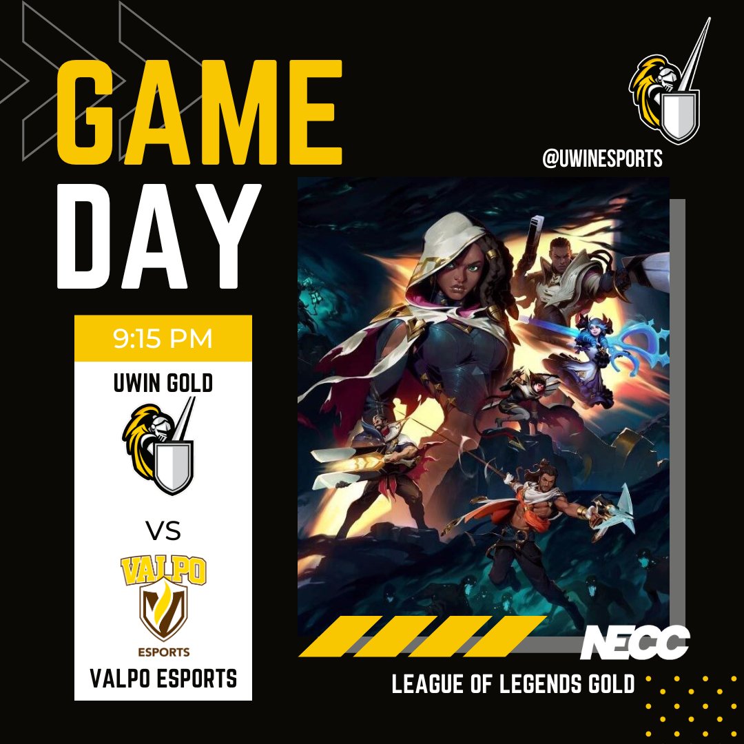 #LoLGold play in <a href="/neccgames/">NECC</a> PLAYOFFS Challengers league tonight!⚔️🟡

🆚<a href="/ValpoEsports/">ValpoEsports</a>

⏰9:15pm

#UWindsorLoL #UWinEsports #Windsor