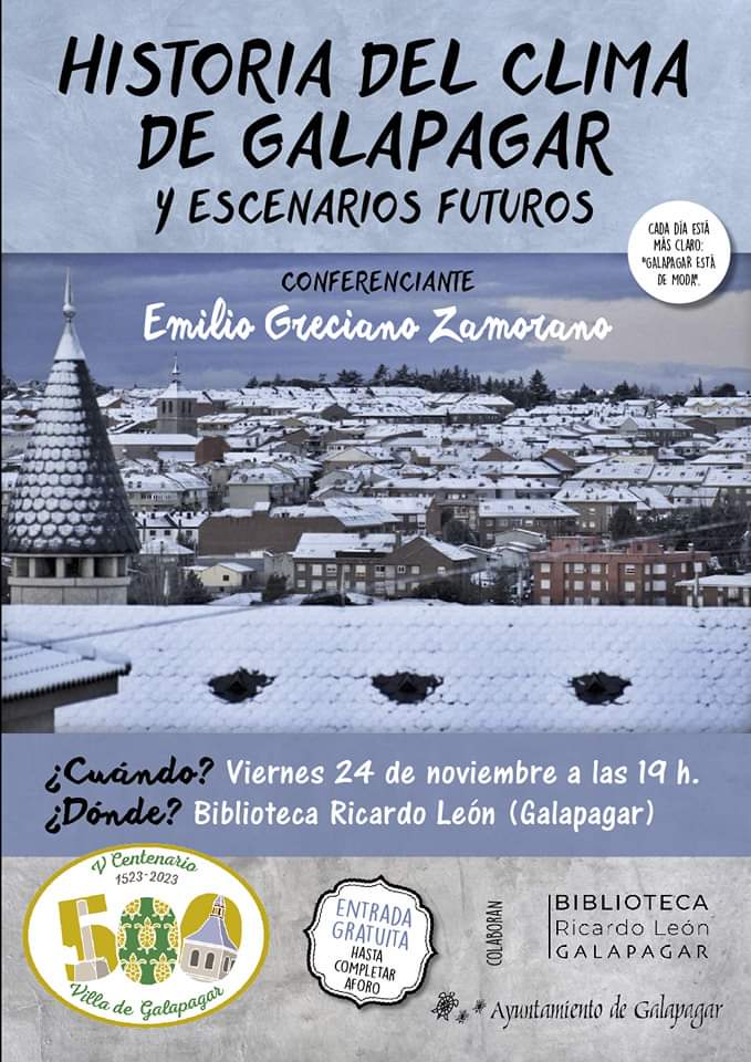 ¿Pensabais que el "V Centenario" se estaba acabando? PUES NO. Al igual que Galapagar está de moda, el tiempo meteorológico por inestable, también lo está. Por eso, Emilio Greciano Zamorano nos va a contar la historia del clima en Galapagar y sus futuros escenarios...