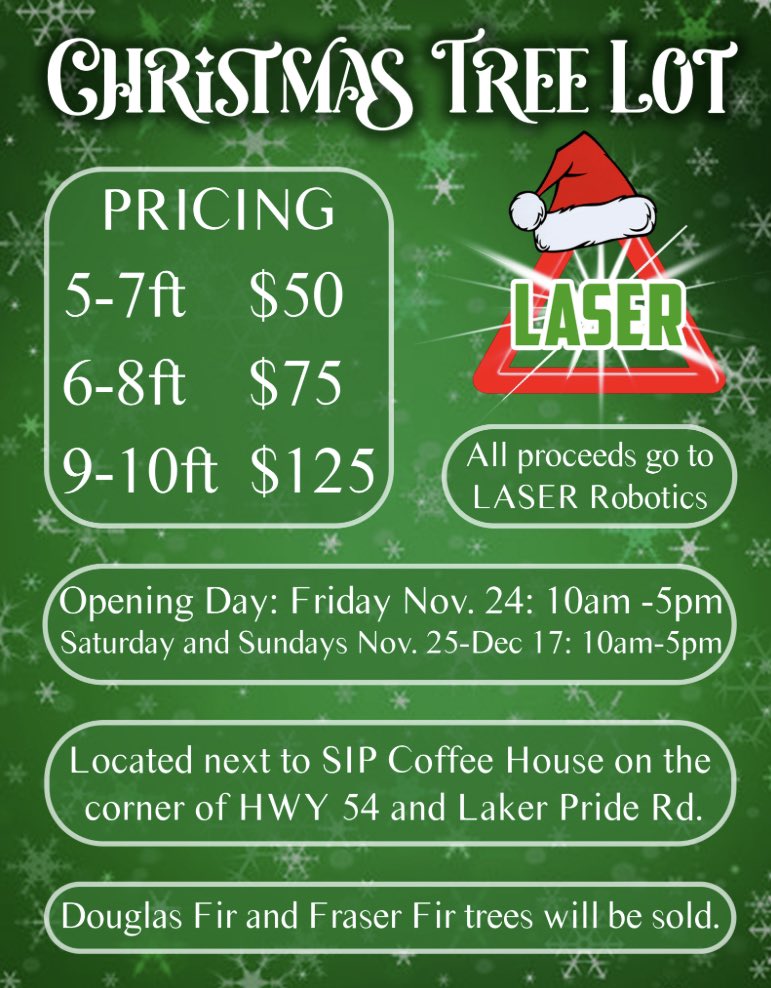 Mark your calendars, the LASER Tree Lot is back!! Located on the corner of HWY 54 and Laker Pride Rd, a tree is waiting just for you! Make sure to take a selfie with your decorated tree and post it!💜💚🧡
#WeAreLASER #LASER3284 #TeamREV
- Patrick the Dragon