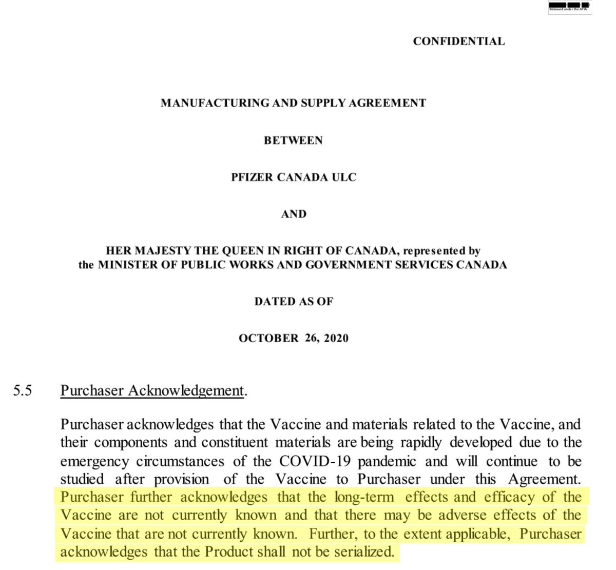 The Liberal government signed an agreement with Pfizer acknowledging "that the long-term effects and efficacy of the Vaccine are not currently known and there my be adverse effect of the vaccine that are not currently known" and then shoved it down Canadians' throats.

Criminal.